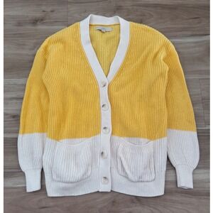LOFT Yellow White Colorblock Cotton Shaker Knit Cardigan Sweater S chic girly a3